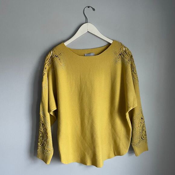 Liv Milano Sweaters - Liv Milano Gem Sweater Mustard Yellow Lace and Bead Embellishments Size Large